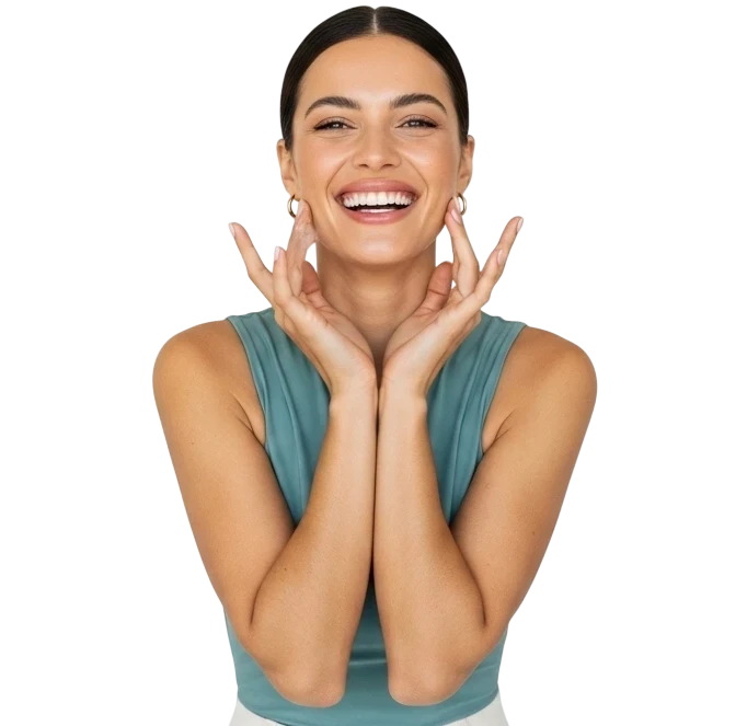 A smiling woman with her hands near her face, showcasing a positive emotion.
